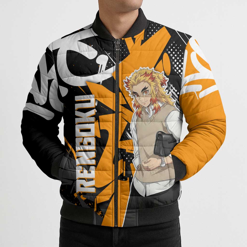 Kyojuro Rengoku Demon Slayer Bomber Puffer Jacket Orange & Black Graffiti Anime