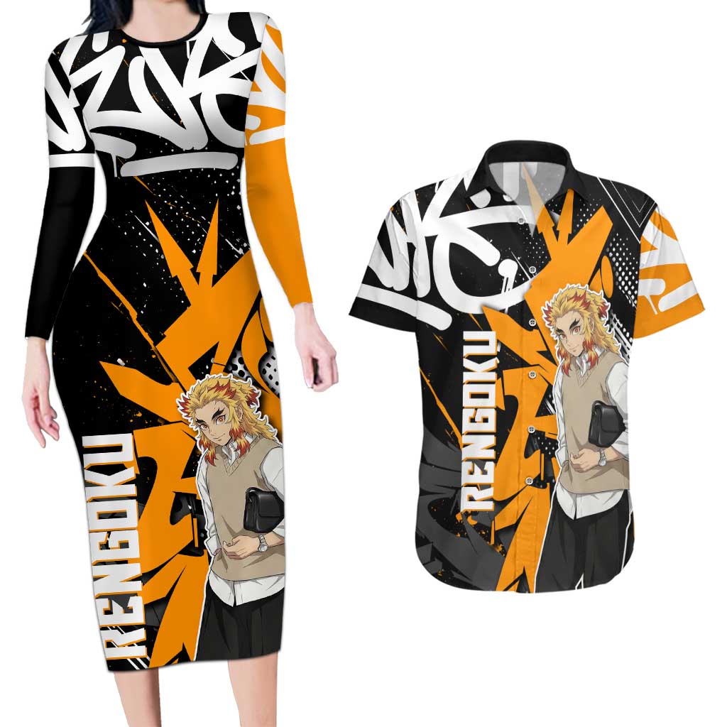 Kyojuro Rengoku Demon Slayer Couples Matching Long Sleeve Bodycon Dress and Hawaiian Shirt Orange & Black Graffiti Anime