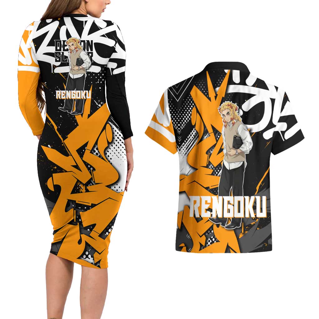 Kyojuro Rengoku Demon Slayer Couples Matching Long Sleeve Bodycon Dress and Hawaiian Shirt Orange & Black Graffiti Anime