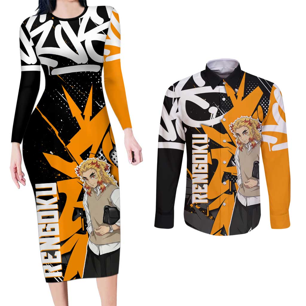 Kyojuro Rengoku Demon Slayer Couples Matching Long Sleeve Bodycon Dress and Long Sleeve Button Shirt Orange & Black Graffiti Anime