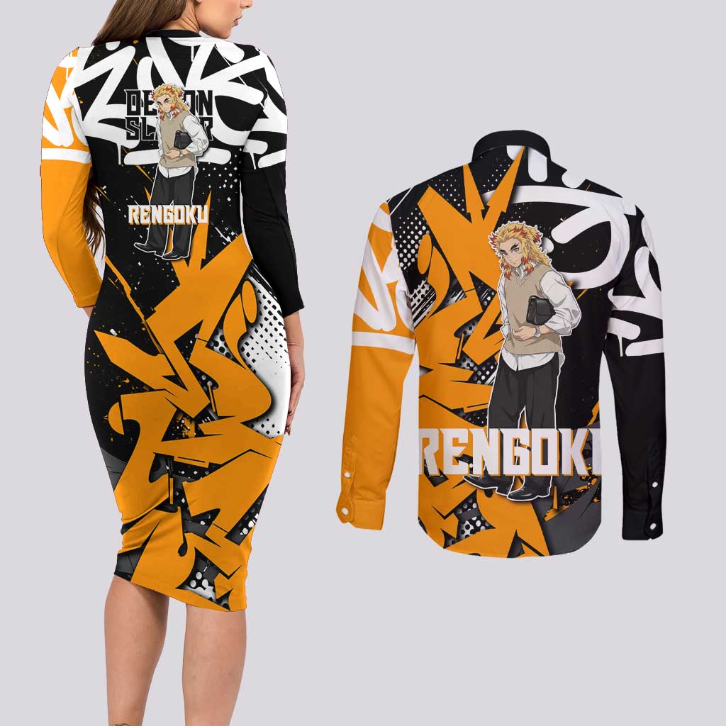 Kyojuro Rengoku Demon Slayer Couples Matching Long Sleeve Bodycon Dress and Long Sleeve Button Shirt Orange & Black Graffiti Anime