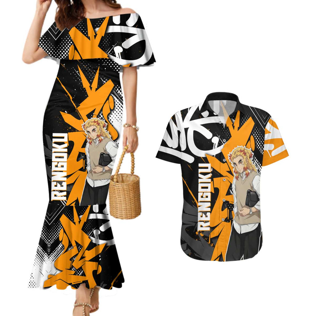 Kyojuro Rengoku Demon Slayer Couples Matching Mermaid Dress and Hawaiian Shirt Orange & Black Graffiti Anime