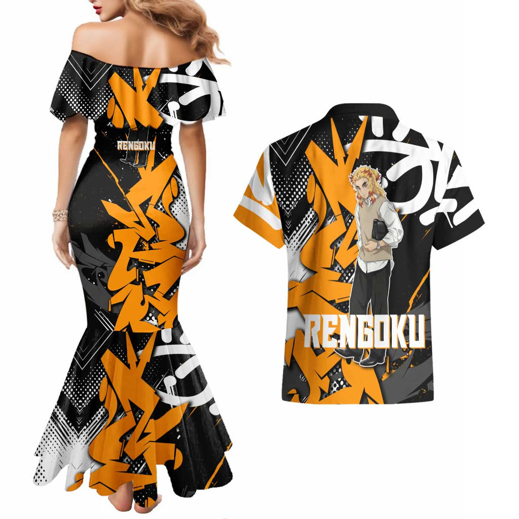 Kyojuro Rengoku Demon Slayer Couples Matching Mermaid Dress and Hawaiian Shirt Orange & Black Graffiti Anime