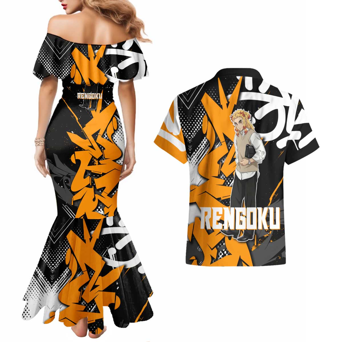 Kyojuro Rengoku Demon Slayer Couples Matching Mermaid Dress and Hawaiian Shirt Orange & Black Graffiti Anime