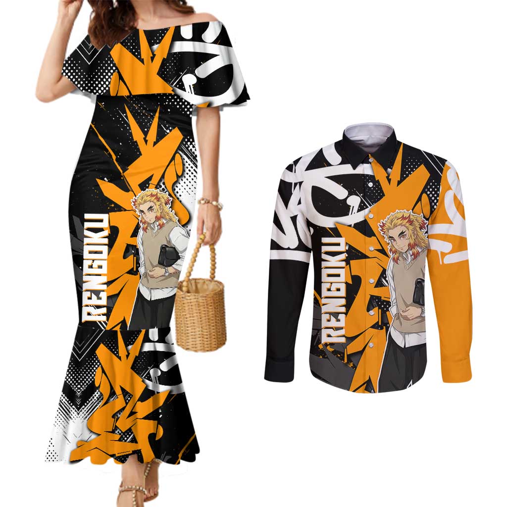 Kyojuro Rengoku Demon Slayer Couples Matching Mermaid Dress and Long Sleeve Button Shirt Orange & Black Graffiti Anime