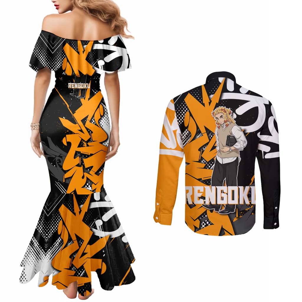 Kyojuro Rengoku Demon Slayer Couples Matching Mermaid Dress and Long Sleeve Button Shirt Orange & Black Graffiti Anime