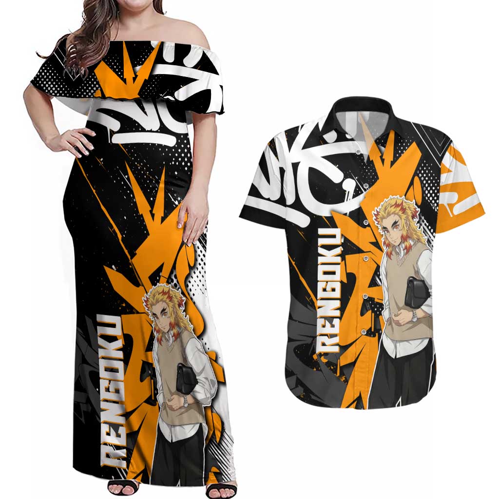 Kyojuro Rengoku Demon Slayer Couples Matching Off Shoulder Maxi Dress and Hawaiian Shirt Orange & Black Graffiti Anime