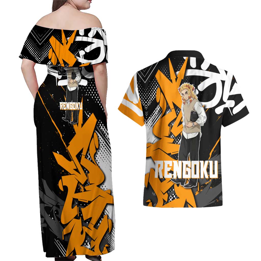 Kyojuro Rengoku Demon Slayer Couples Matching Off Shoulder Maxi Dress and Hawaiian Shirt Orange & Black Graffiti Anime