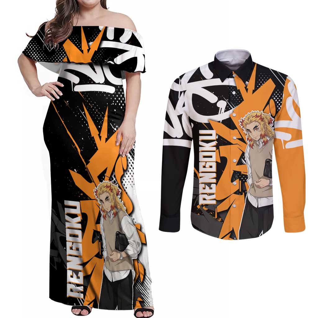 Kyojuro Rengoku Demon Slayer Couples Matching Off Shoulder Maxi Dress and Long Sleeve Button Shirt Orange & Black Graffiti Anime