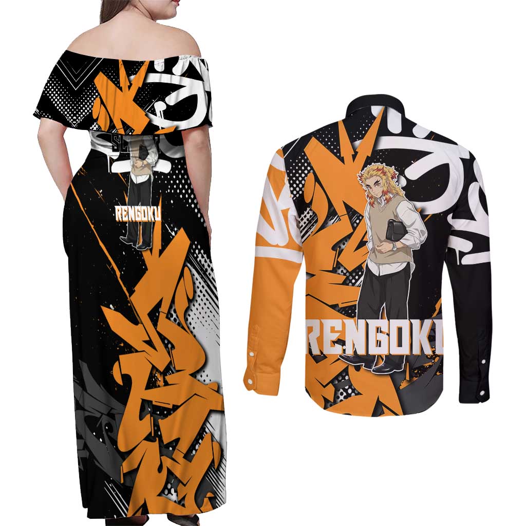Kyojuro Rengoku Demon Slayer Couples Matching Off Shoulder Maxi Dress and Long Sleeve Button Shirt Orange & Black Graffiti Anime
