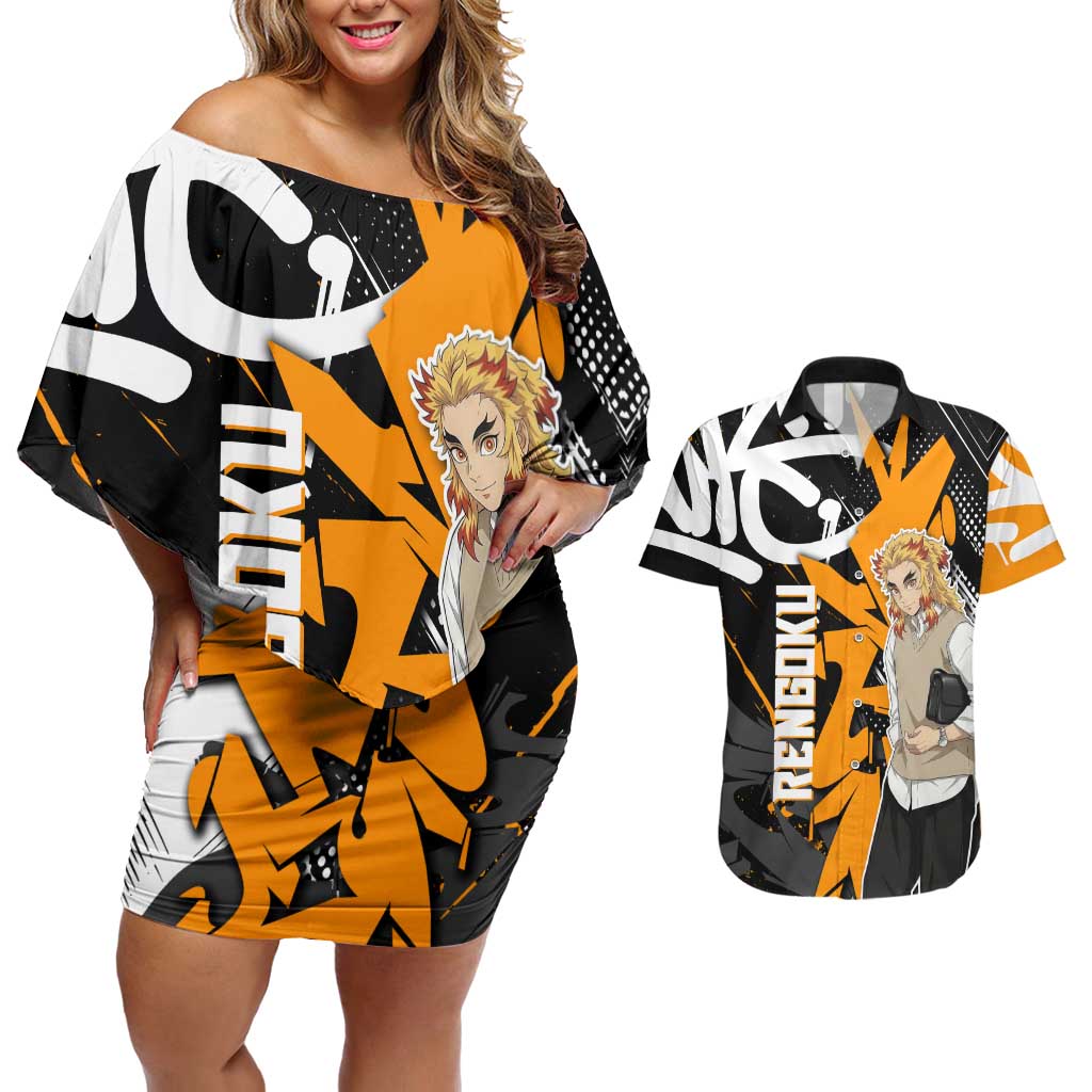 Kyojuro Rengoku Demon Slayer Couples Matching Off Shoulder Short Dress and Hawaiian Shirt Orange & Black Graffiti Anime