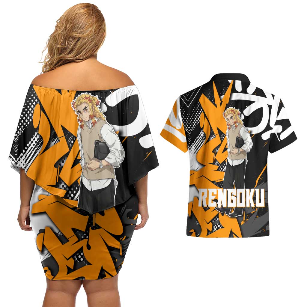 Kyojuro Rengoku Demon Slayer Couples Matching Off Shoulder Short Dress and Hawaiian Shirt Orange & Black Graffiti Anime