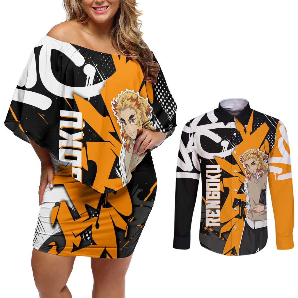 Kyojuro Rengoku Demon Slayer Couples Matching Off Shoulder Short Dress and Long Sleeve Button Shirt Orange & Black Graffiti Anime