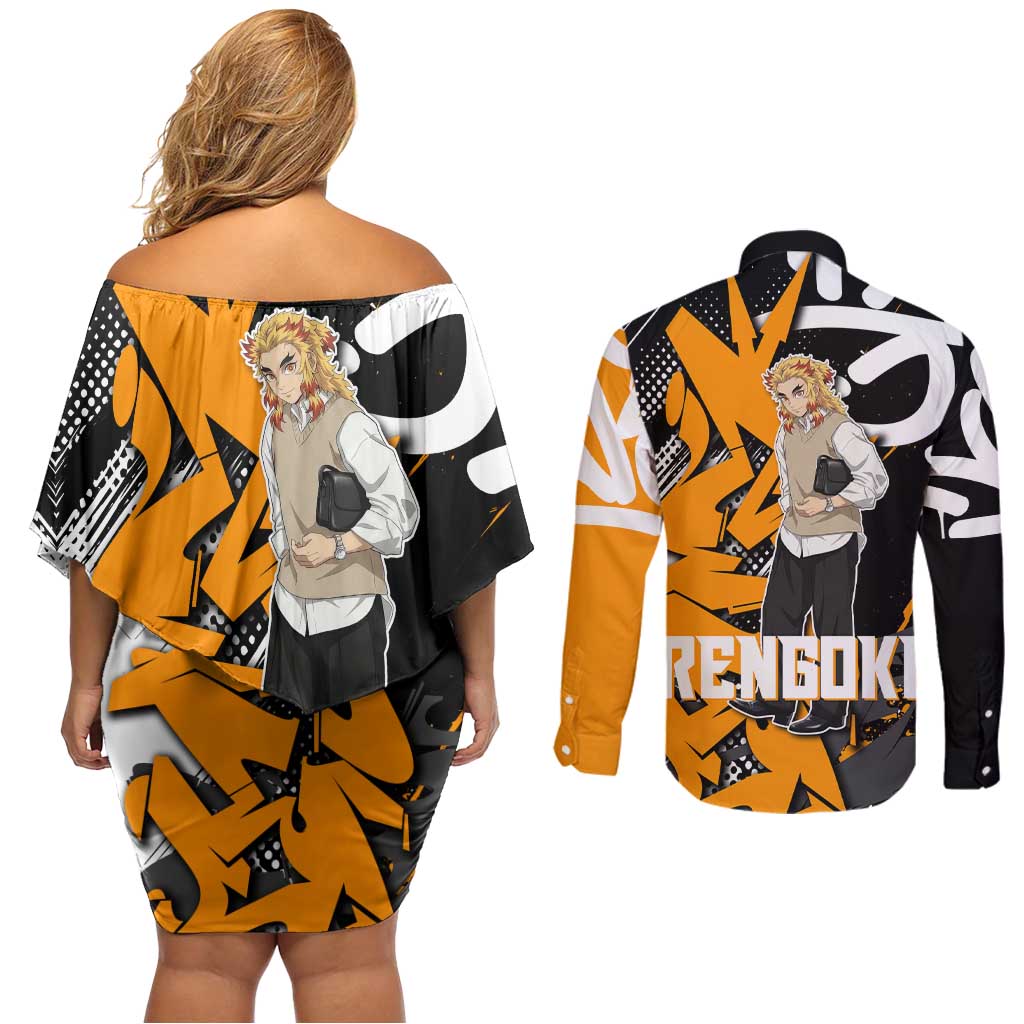 Kyojuro Rengoku Demon Slayer Couples Matching Off Shoulder Short Dress and Long Sleeve Button Shirt Orange & Black Graffiti Anime