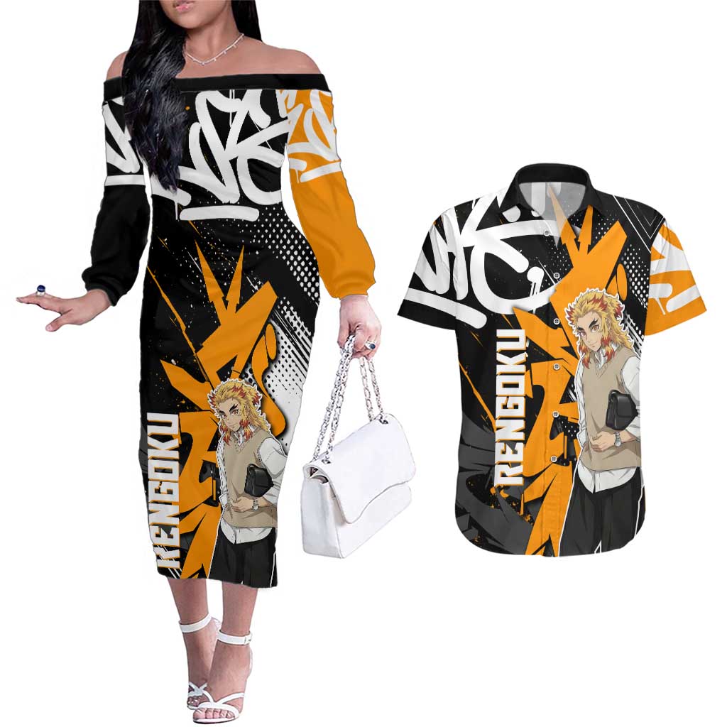 Kyojuro Rengoku Demon Slayer Couples Matching Off The Shoulder Long Sleeve Dress and Hawaiian Shirt Orange & Black Graffiti Anime