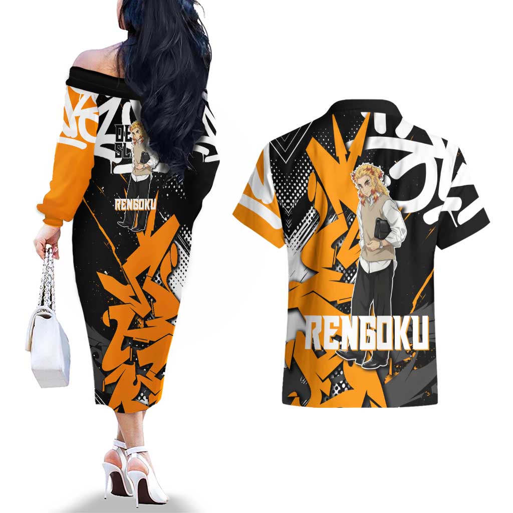 Kyojuro Rengoku Demon Slayer Couples Matching Off The Shoulder Long Sleeve Dress and Hawaiian Shirt Orange & Black Graffiti Anime