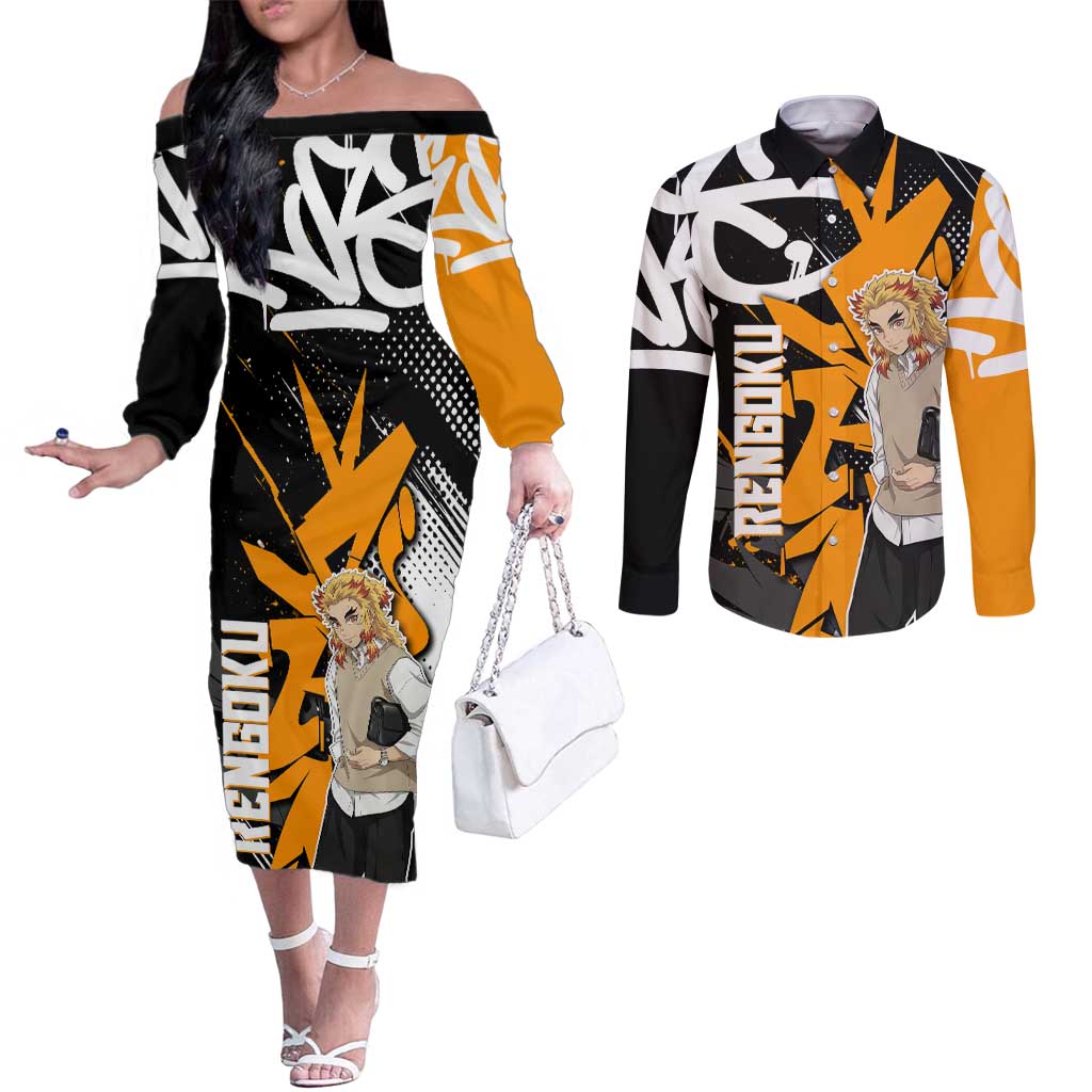 Kyojuro Rengoku Demon Slayer Couples Matching Off The Shoulder Long Sleeve Dress and Long Sleeve Button Shirt Orange & Black Graffiti Anime