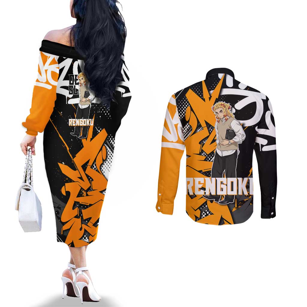 Kyojuro Rengoku Demon Slayer Couples Matching Off The Shoulder Long Sleeve Dress and Long Sleeve Button Shirt Orange & Black Graffiti Anime