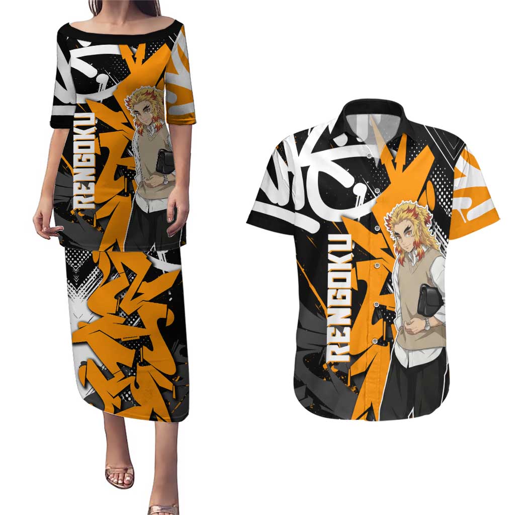Kyojuro Rengoku Demon Slayer Couples Matching Puletasi and Hawaiian Shirt Orange & Black Graffiti Anime
