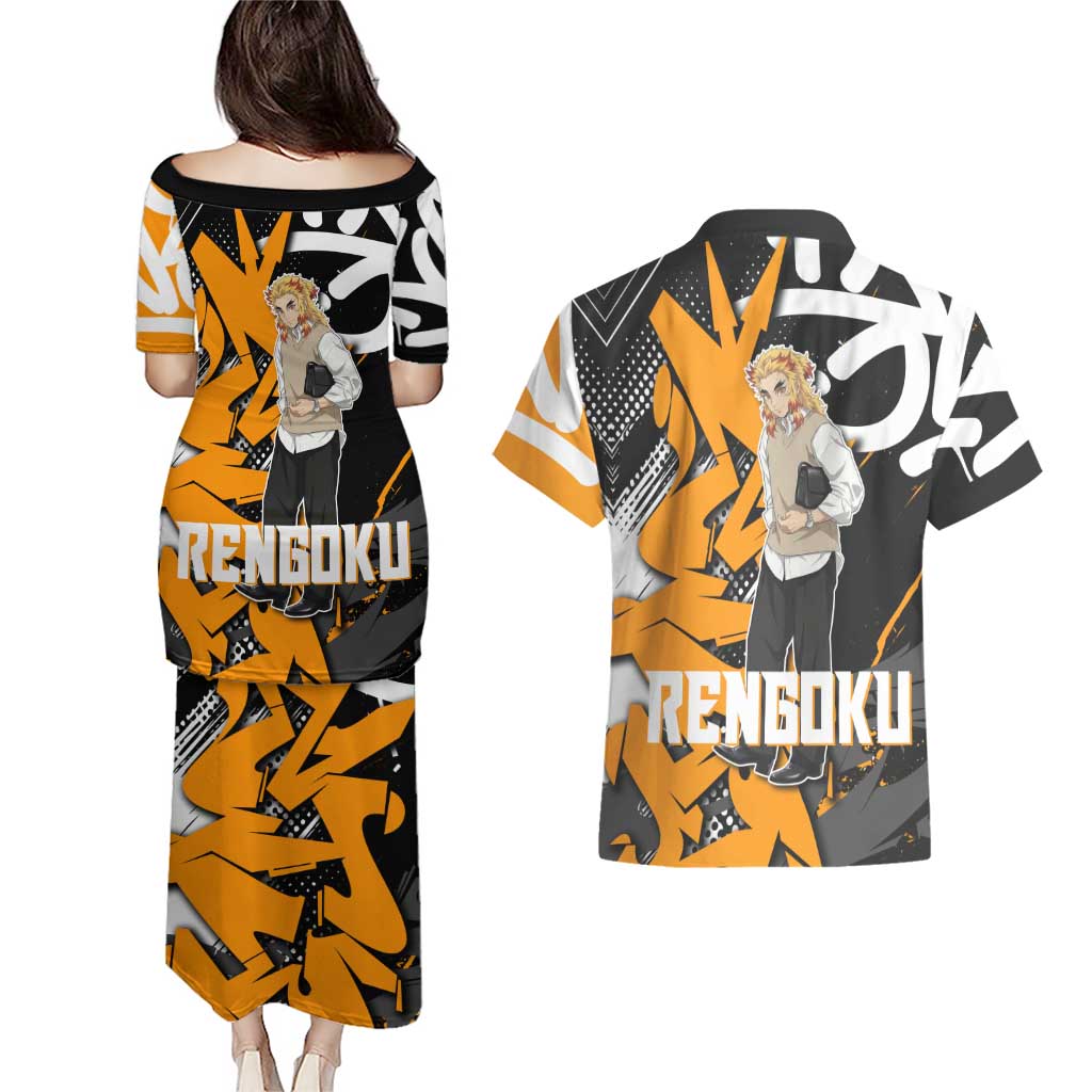 Kyojuro Rengoku Demon Slayer Couples Matching Puletasi and Hawaiian Shirt Orange & Black Graffiti Anime