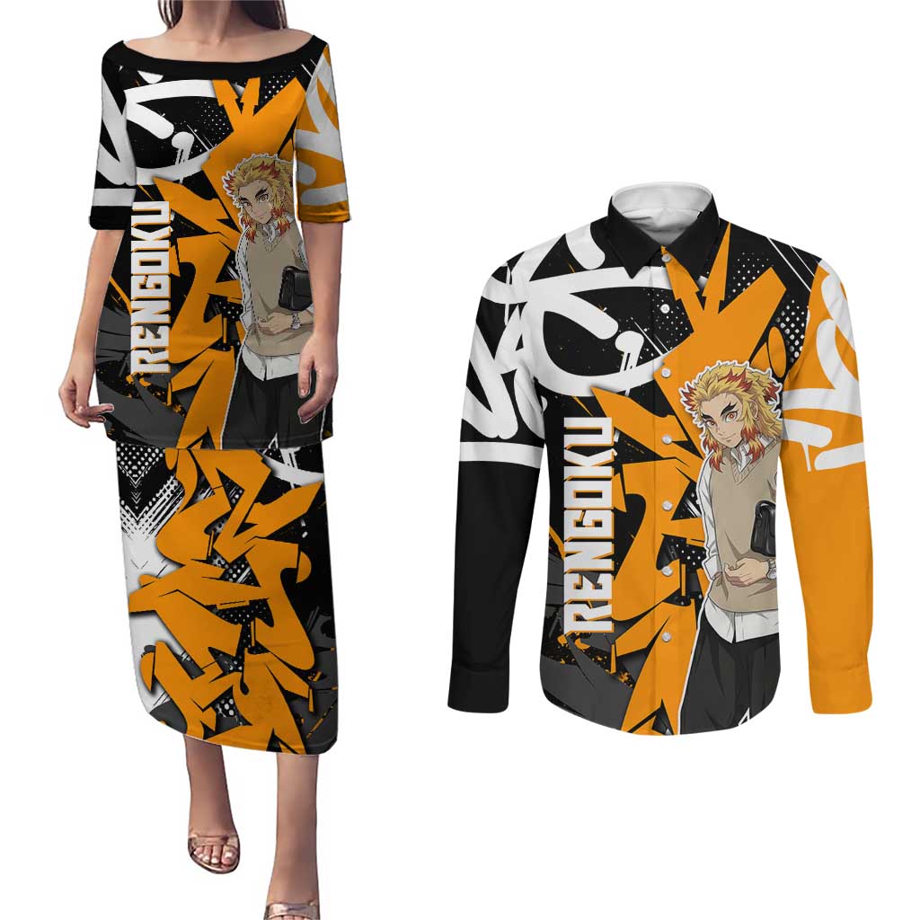 Kyojuro Rengoku Demon Slayer Couples Matching Puletasi and Long Sleeve Button Shirt Orange & Black Graffiti Anime