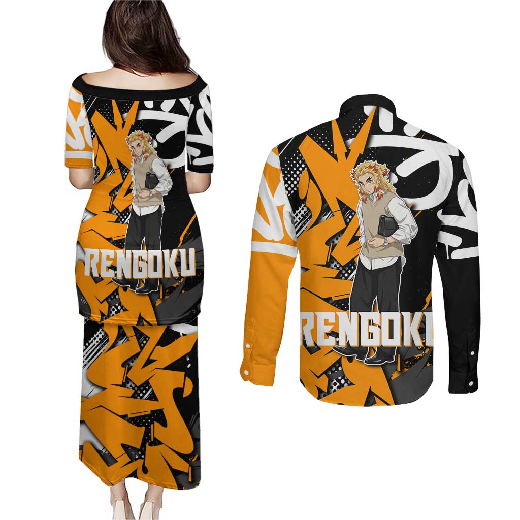 Kyojuro Rengoku Demon Slayer Couples Matching Puletasi and Long Sleeve Button Shirt Orange & Black Graffiti Anime