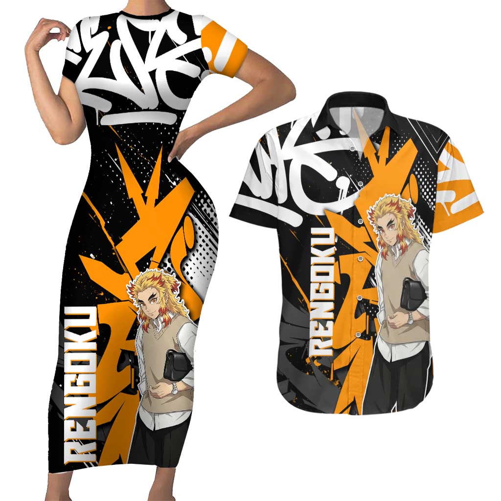 Kyojuro Rengoku Demon Slayer Couples Matching Short Sleeve Bodycon Dress and Hawaiian Shirt Orange & Black Graffiti Anime