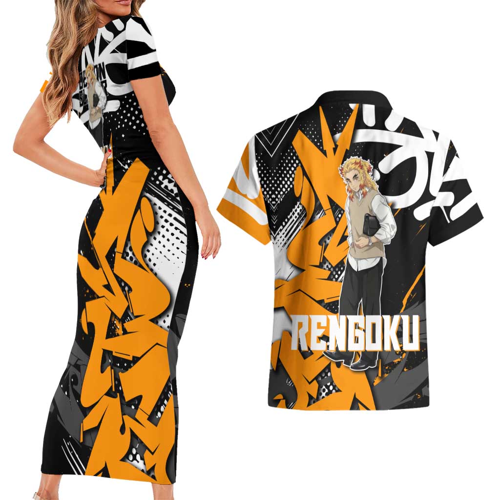 Kyojuro Rengoku Demon Slayer Couples Matching Short Sleeve Bodycon Dress and Hawaiian Shirt Orange & Black Graffiti Anime