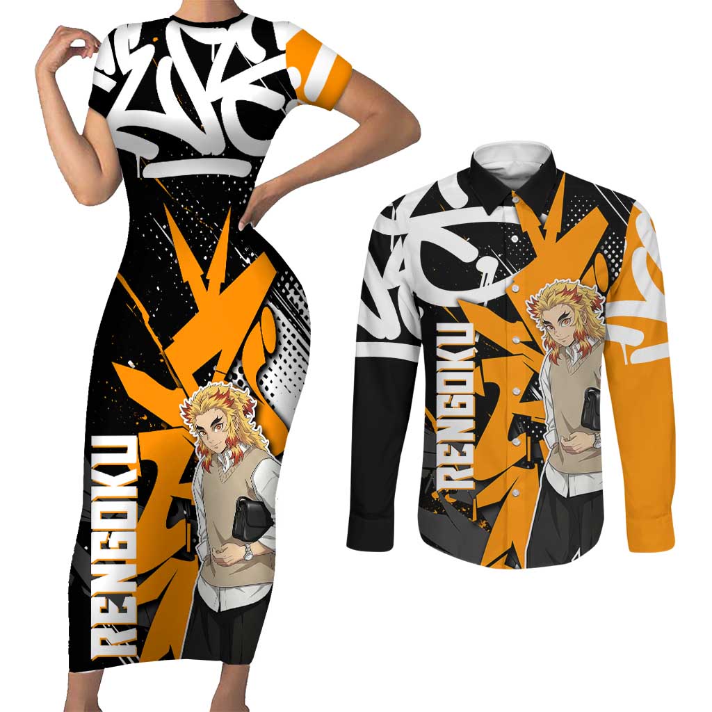 Kyojuro Rengoku Demon Slayer Couples Matching Short Sleeve Bodycon Dress and Long Sleeve Button Shirt Orange & Black Graffiti Anime