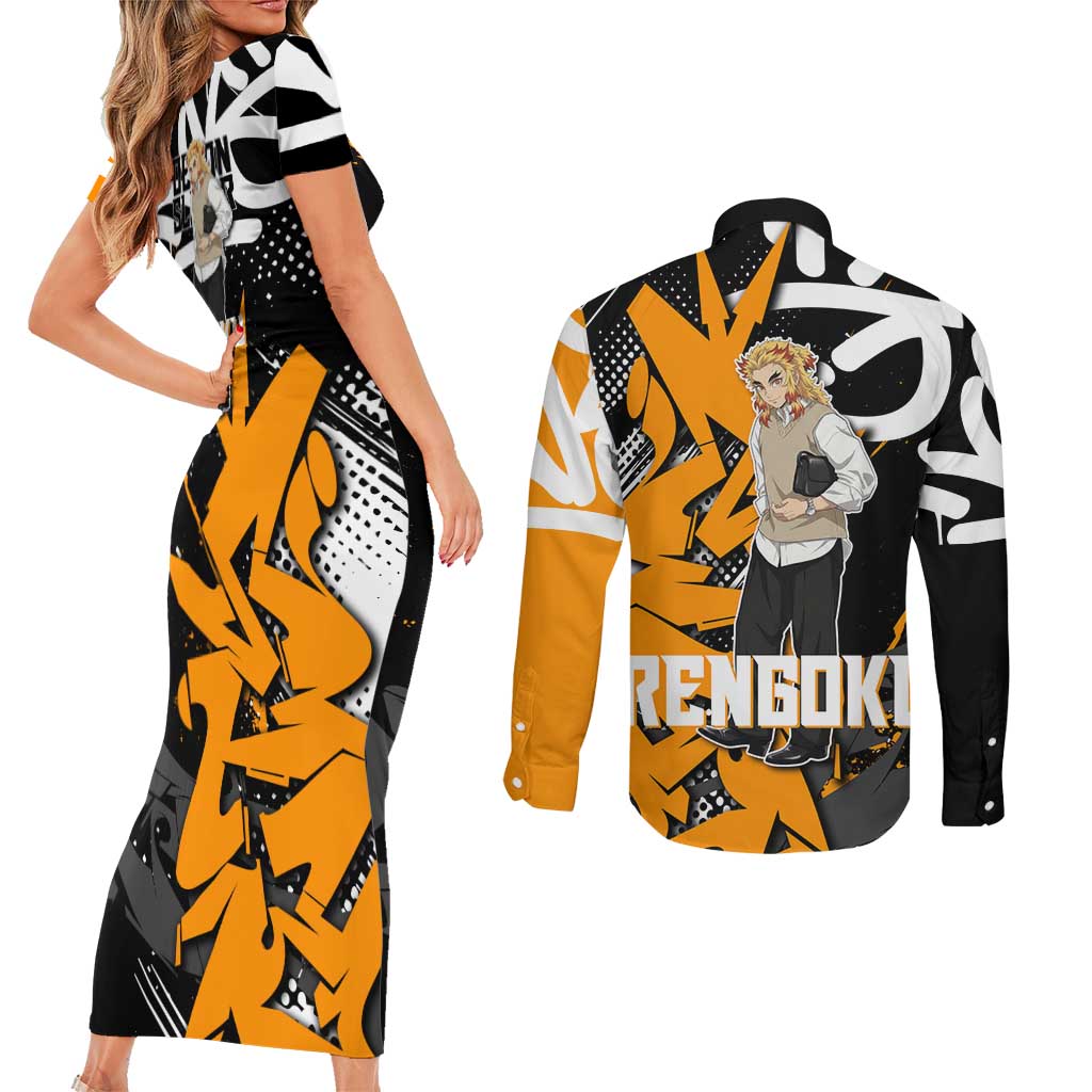 Kyojuro Rengoku Demon Slayer Couples Matching Short Sleeve Bodycon Dress and Long Sleeve Button Shirt Orange & Black Graffiti Anime