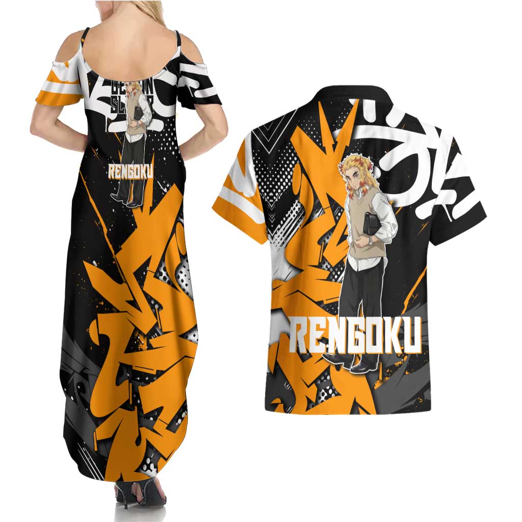Kyojuro Rengoku Demon Slayer Couples Matching Summer Maxi Dress and Hawaiian Shirt Orange & Black Graffiti Anime