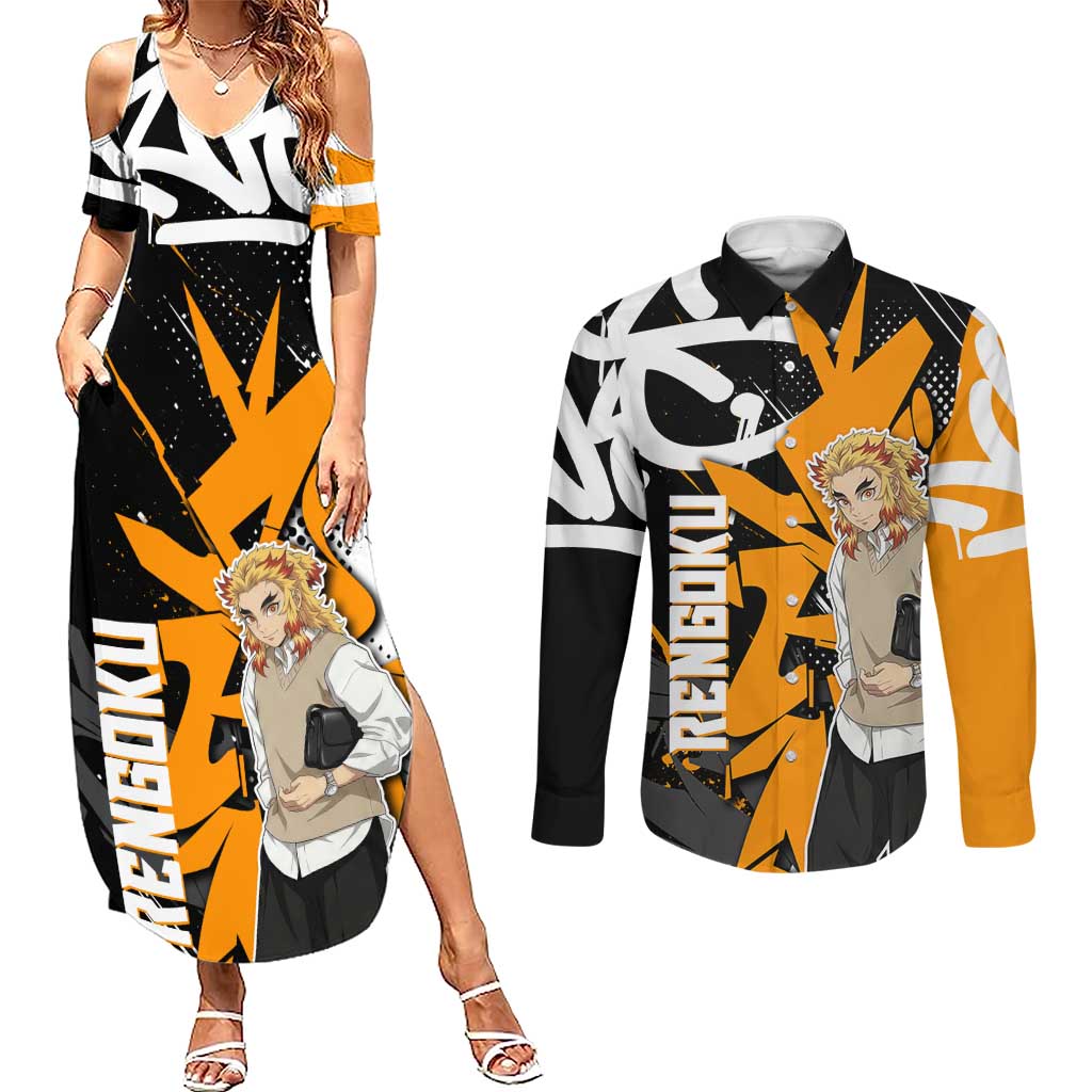 Kyojuro Rengoku Demon Slayer Couples Matching Summer Maxi Dress and Long Sleeve Button Shirt Orange & Black Graffiti Anime