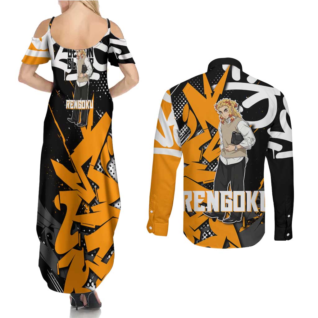 Kyojuro Rengoku Demon Slayer Couples Matching Summer Maxi Dress and Long Sleeve Button Shirt Orange & Black Graffiti Anime