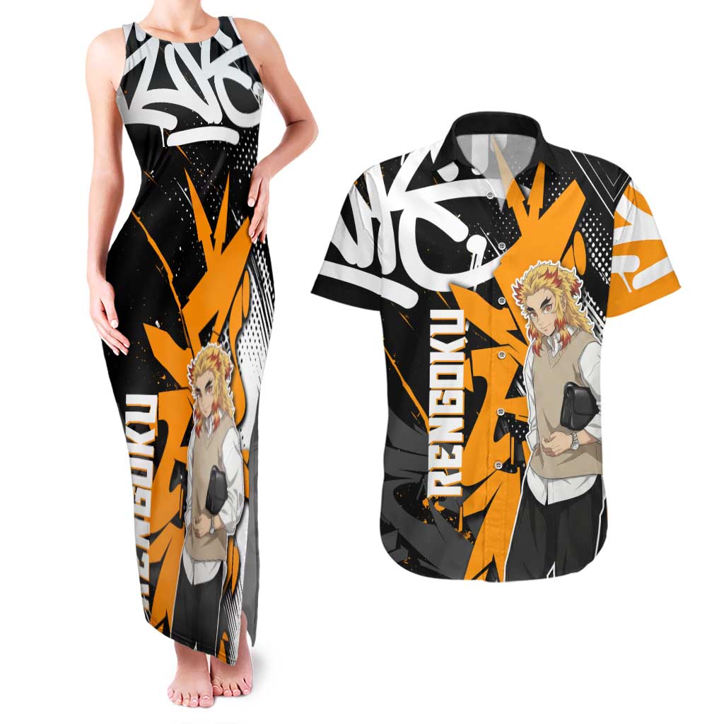 Kyojuro Rengoku Demon Slayer Couples Matching Tank Maxi Dress and Hawaiian Shirt Orange & Black Graffiti Anime