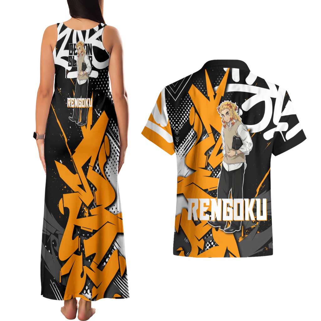 Kyojuro Rengoku Demon Slayer Couples Matching Tank Maxi Dress and Hawaiian Shirt Orange & Black Graffiti Anime