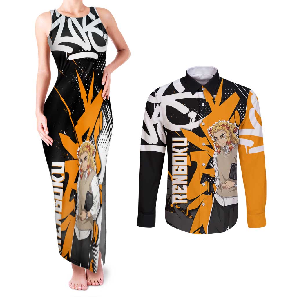 Kyojuro Rengoku Demon Slayer Couples Matching Tank Maxi Dress and Long Sleeve Button Shirt Orange & Black Graffiti Anime