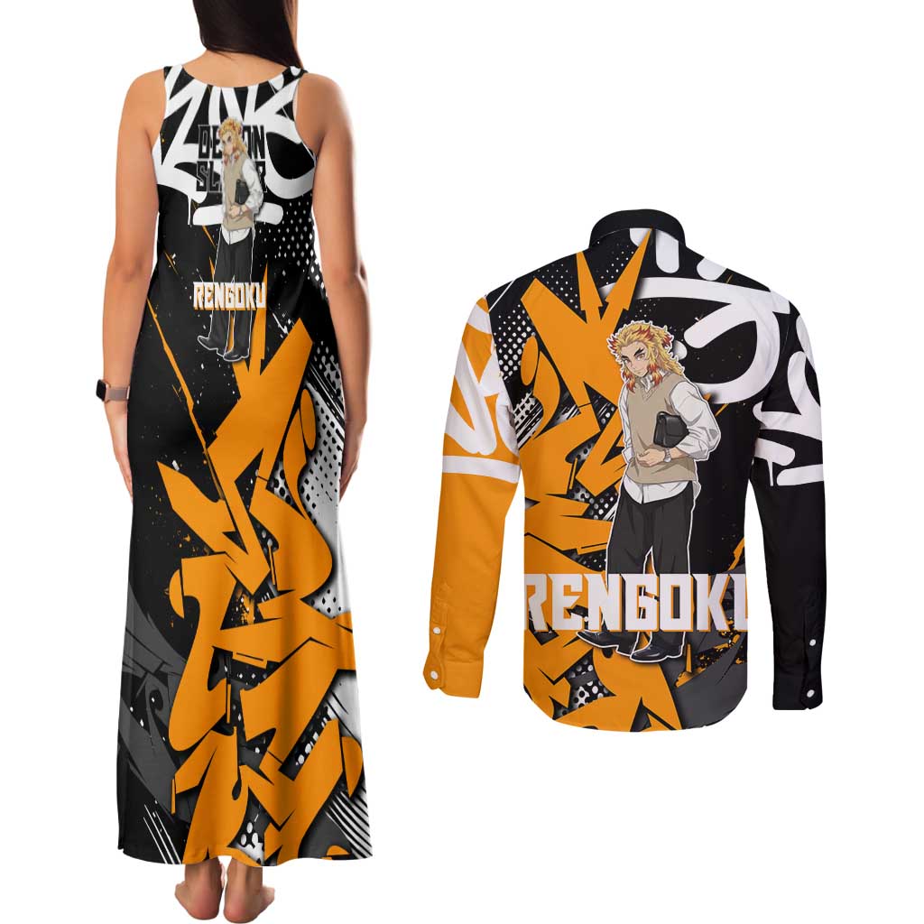 Kyojuro Rengoku Demon Slayer Couples Matching Tank Maxi Dress and Long Sleeve Button Shirt Orange & Black Graffiti Anime