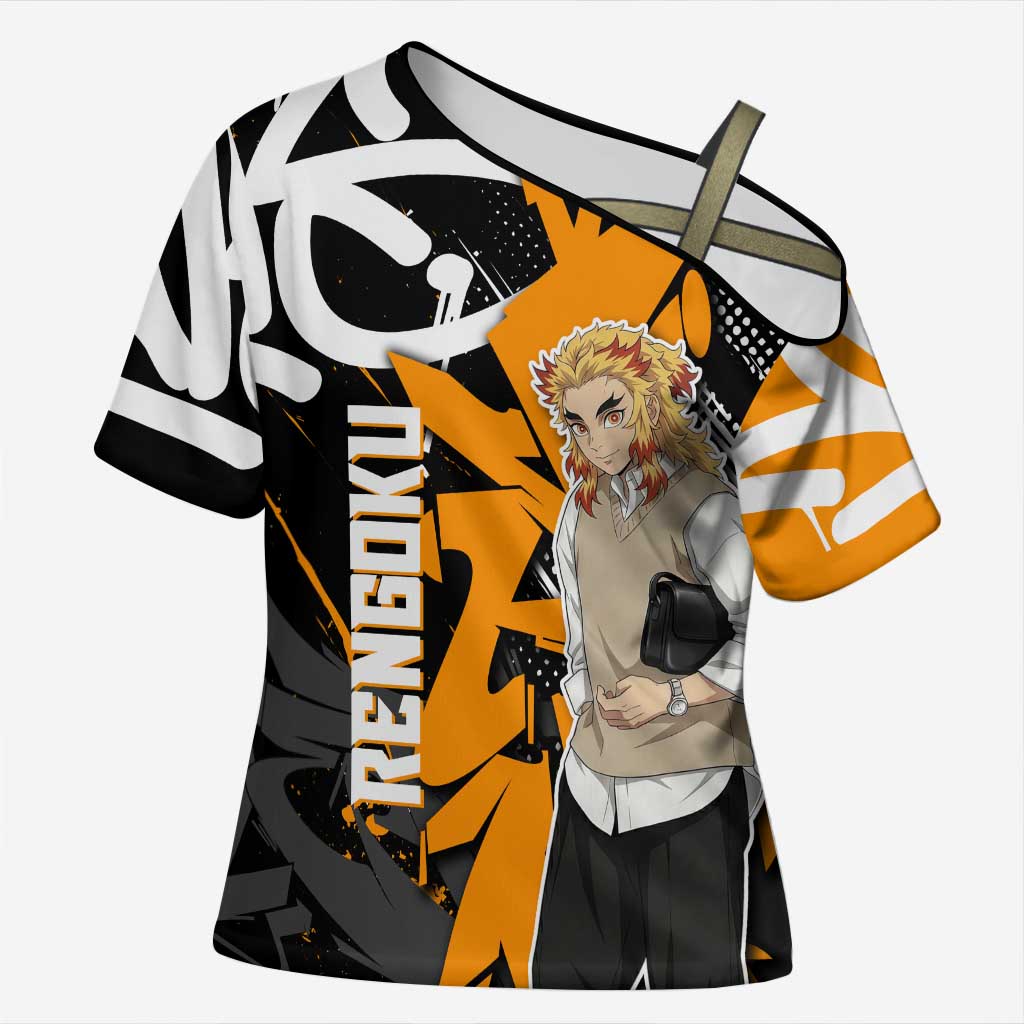 Kyojuro Rengoku Demon Slayer Cross Shoulder Shirt Orange & Black Graffiti Anime