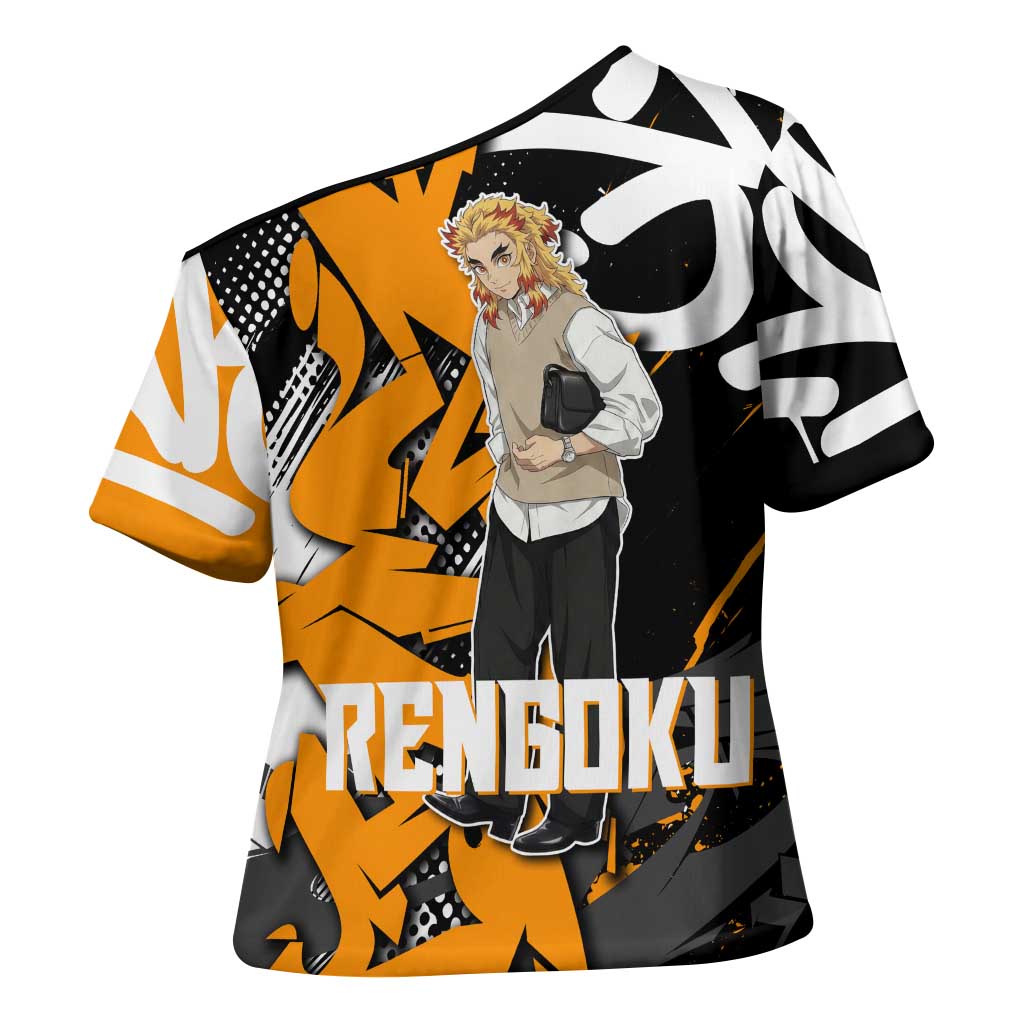 Kyojuro Rengoku Demon Slayer Cross Shoulder Shirt Orange & Black Graffiti Anime