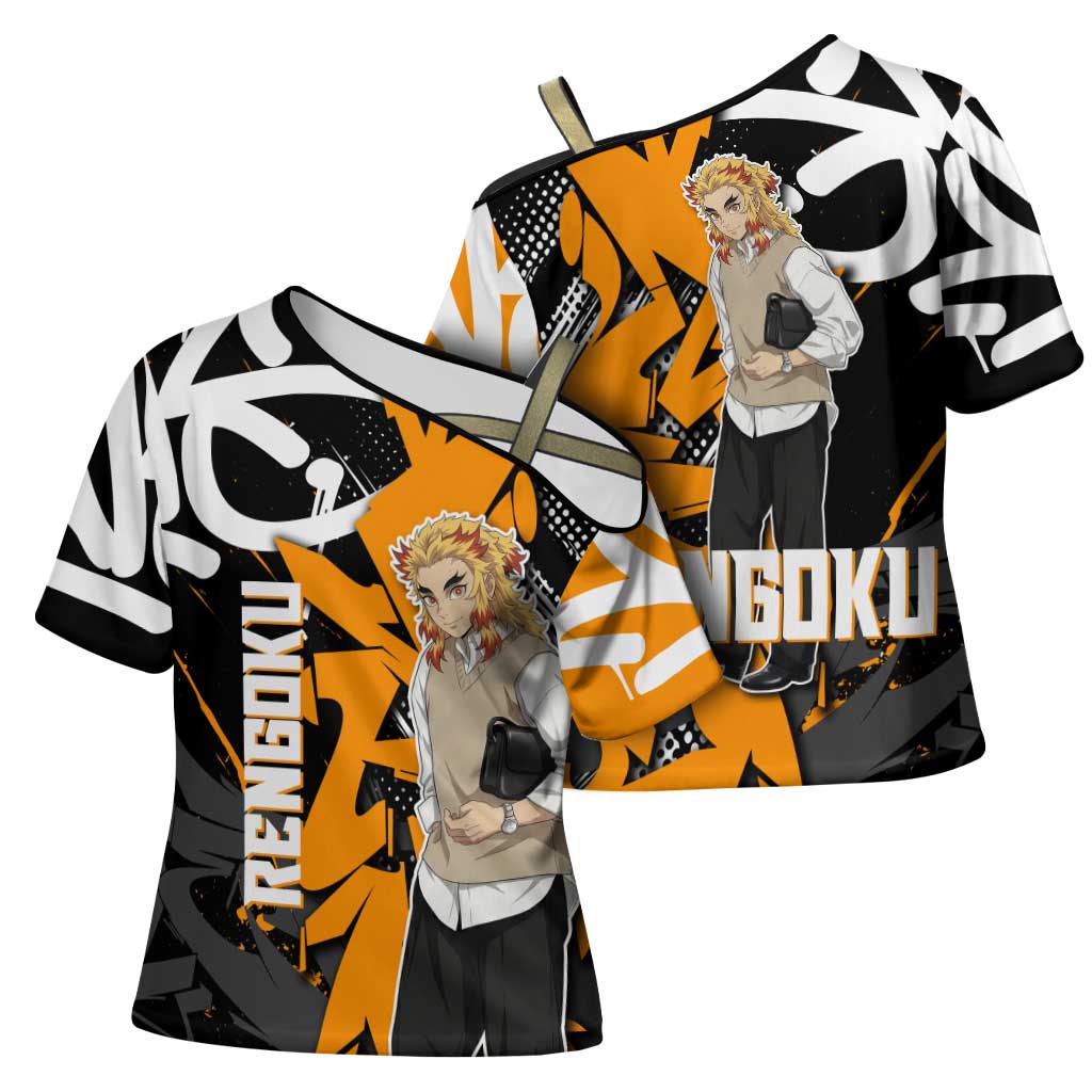 Kyojuro Rengoku Demon Slayer Cross Shoulder Shirt Orange & Black Graffiti Anime