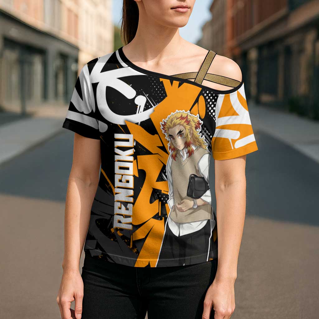 Kyojuro Rengoku Demon Slayer Cross Shoulder Shirt Orange & Black Graffiti Anime
