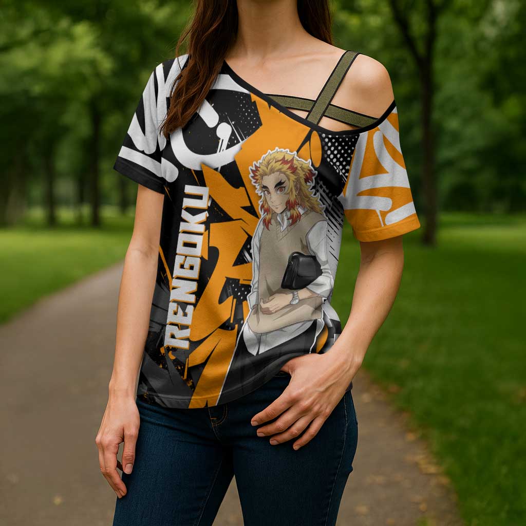 Kyojuro Rengoku Demon Slayer Cross Shoulder Shirt Orange & Black Graffiti Anime