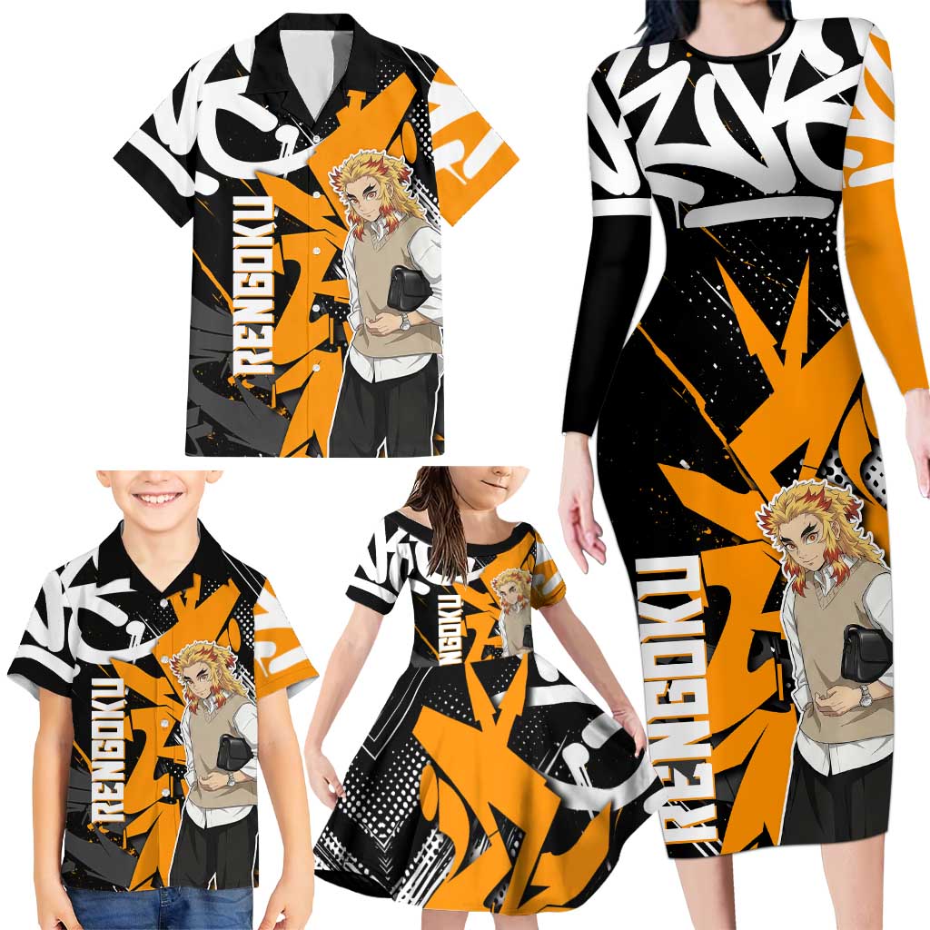 Kyojuro Rengoku Demon Slayer Family Matching Long Sleeve Bodycon Dress and Hawaiian Shirt Orange & Black Graffiti Anime