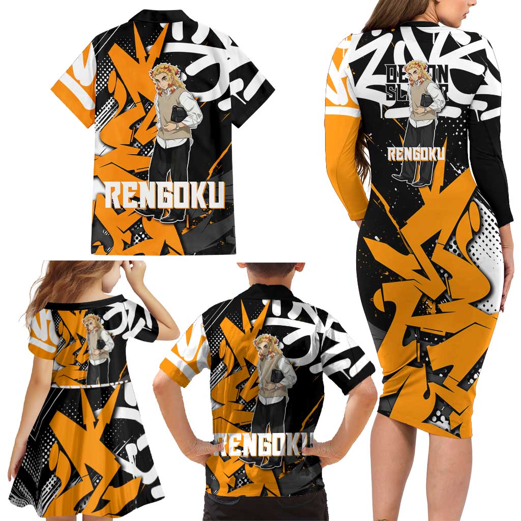 Kyojuro Rengoku Demon Slayer Family Matching Long Sleeve Bodycon Dress and Hawaiian Shirt Orange & Black Graffiti Anime