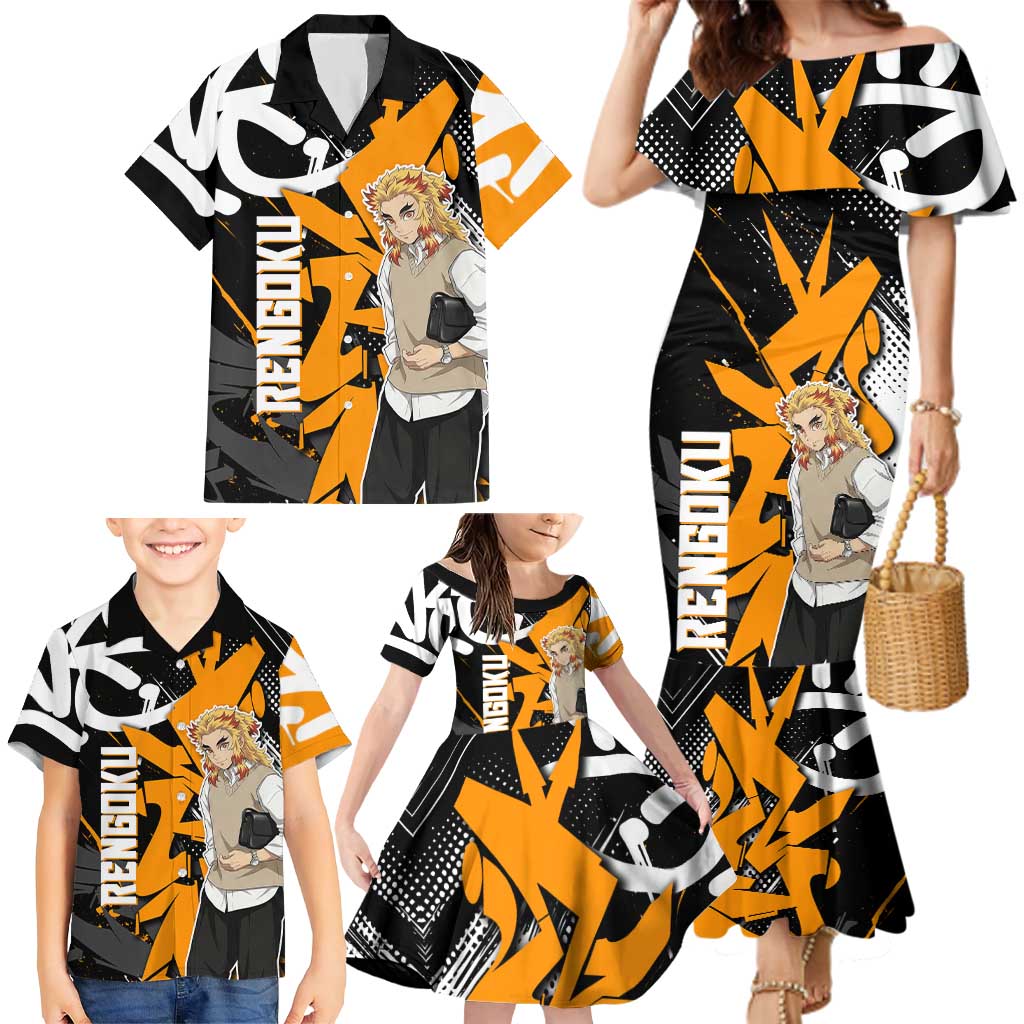 Kyojuro Rengoku Demon Slayer Family Matching Mermaid Dress and Hawaiian Shirt Orange & Black Graffiti Anime