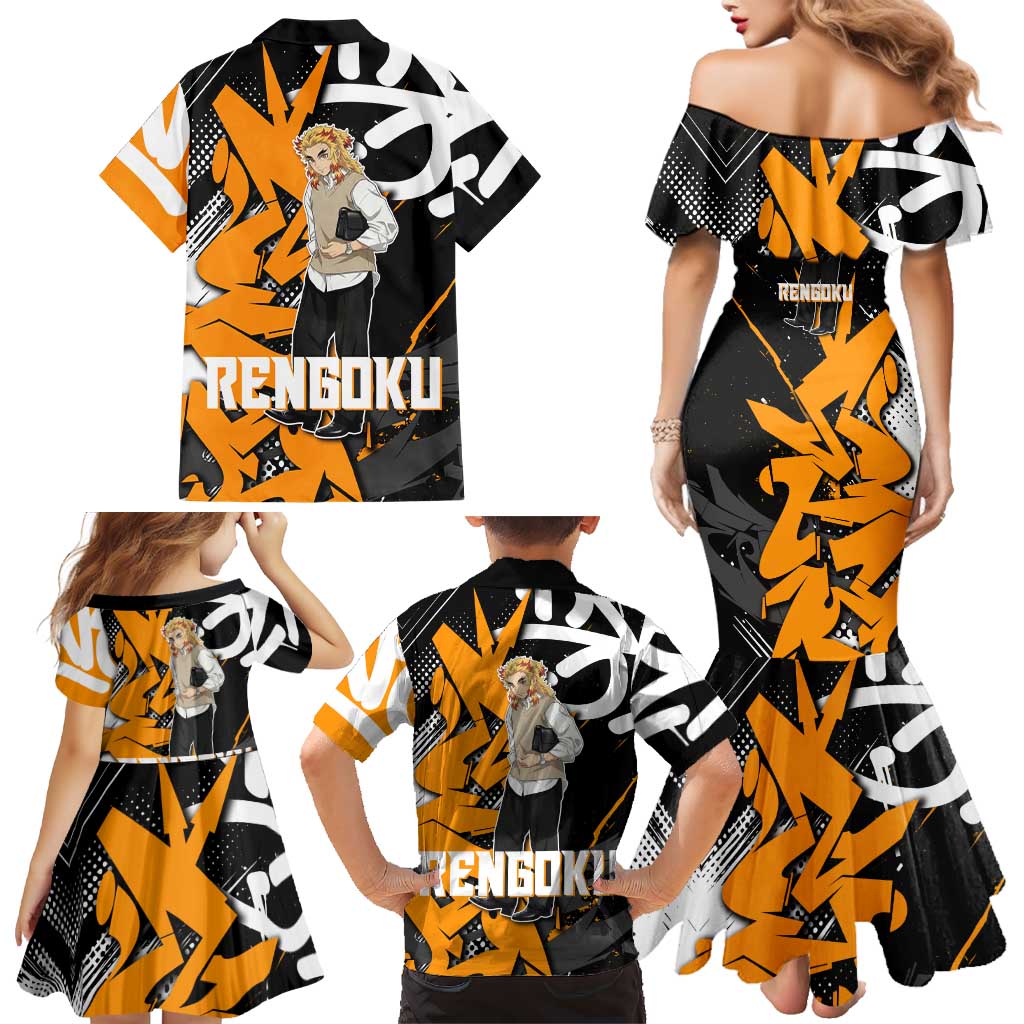 Kyojuro Rengoku Demon Slayer Family Matching Mermaid Dress and Hawaiian Shirt Orange & Black Graffiti Anime