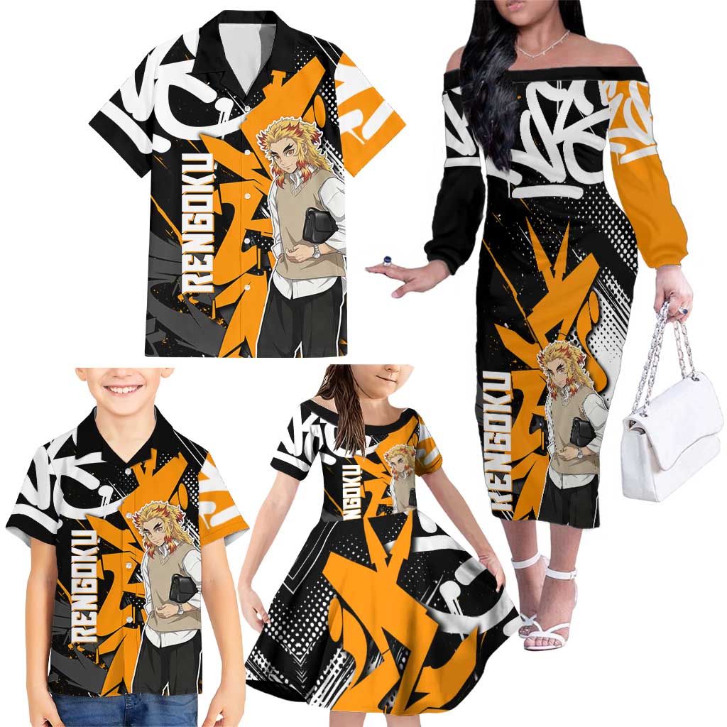 Kyojuro Rengoku Demon Slayer Family Matching Off The Shoulder Long Sleeve Dress and Hawaiian Shirt Orange & Black Graffiti Anime