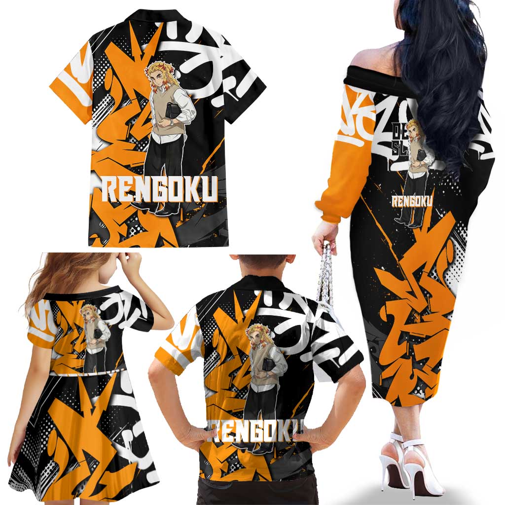 Kyojuro Rengoku Demon Slayer Family Matching Off The Shoulder Long Sleeve Dress and Hawaiian Shirt Orange & Black Graffiti Anime