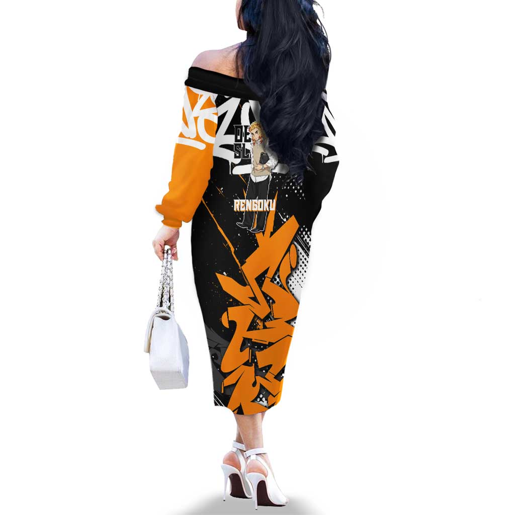 Kyojuro Rengoku Demon Slayer Family Matching Off The Shoulder Long Sleeve Dress and Hawaiian Shirt Orange & Black Graffiti Anime