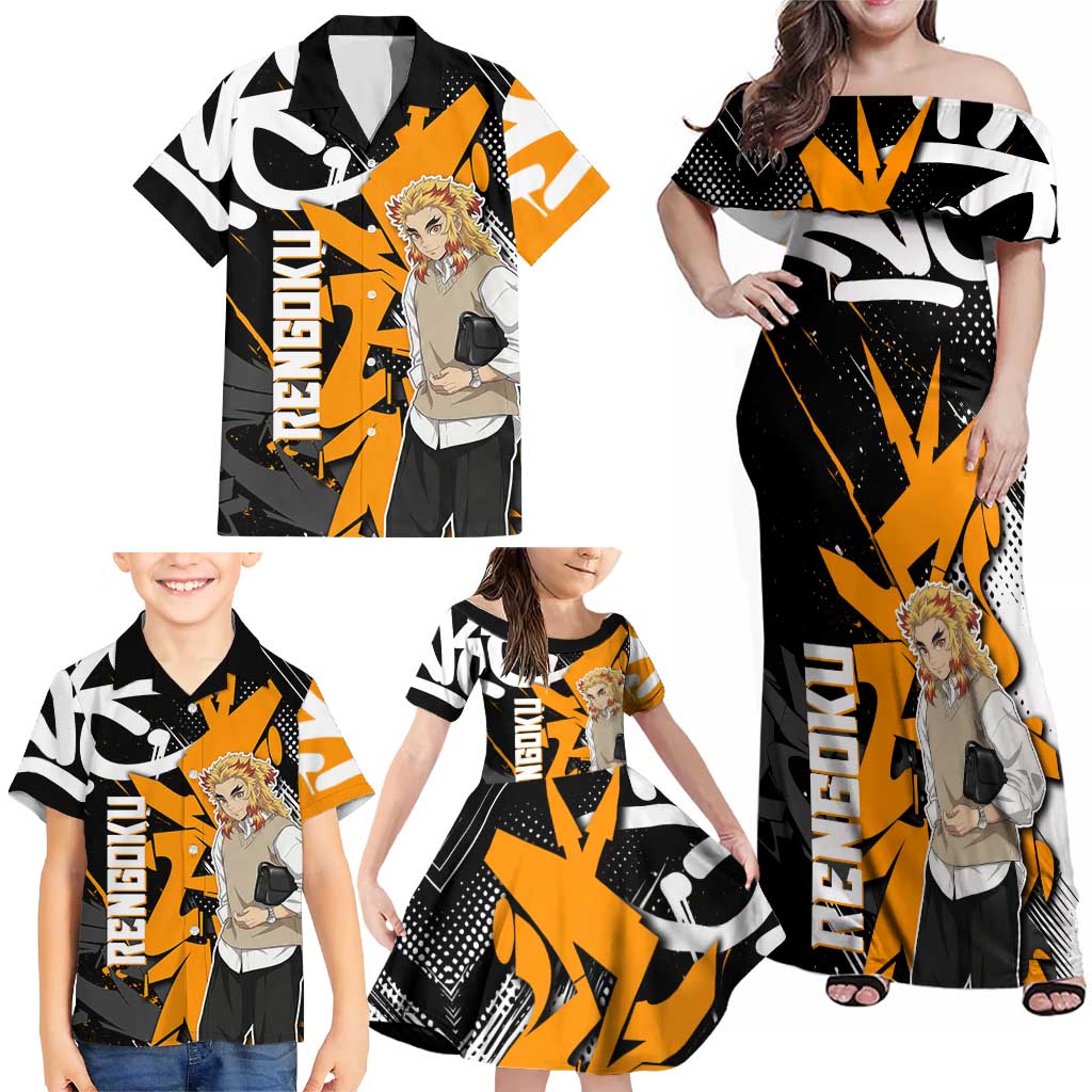 Kyojuro Rengoku Demon Slayer Family Matching Off Shoulder Maxi Dress and Hawaiian Shirt Orange & Black Graffiti Anime